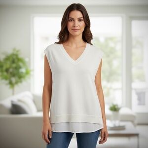 NWT BANANA REPUBLIC CREAM KNITTED Sleeveless V-Neck Top WITH SHEER PEPLUM ACCENT